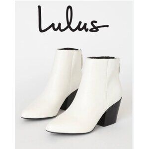 LULUS Brya White Vegan Leather Pointed-Toe Chunky Heel Ankle Bootie 7.5